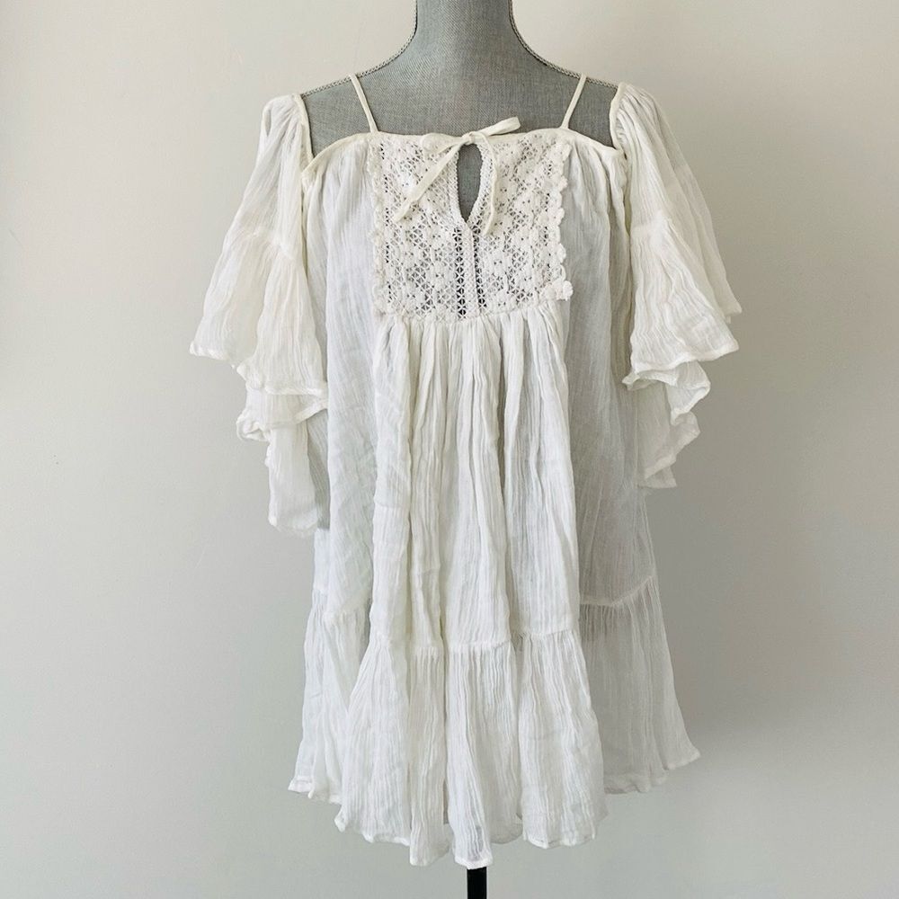 Roxy x Lulus Roxy Beach Dreamer Off-the-Shoulder Ivory Dress sz M Boho Vacation